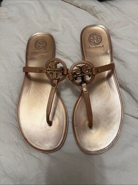Tory Burch Metallic Rose Gold Logo Thong Sandals